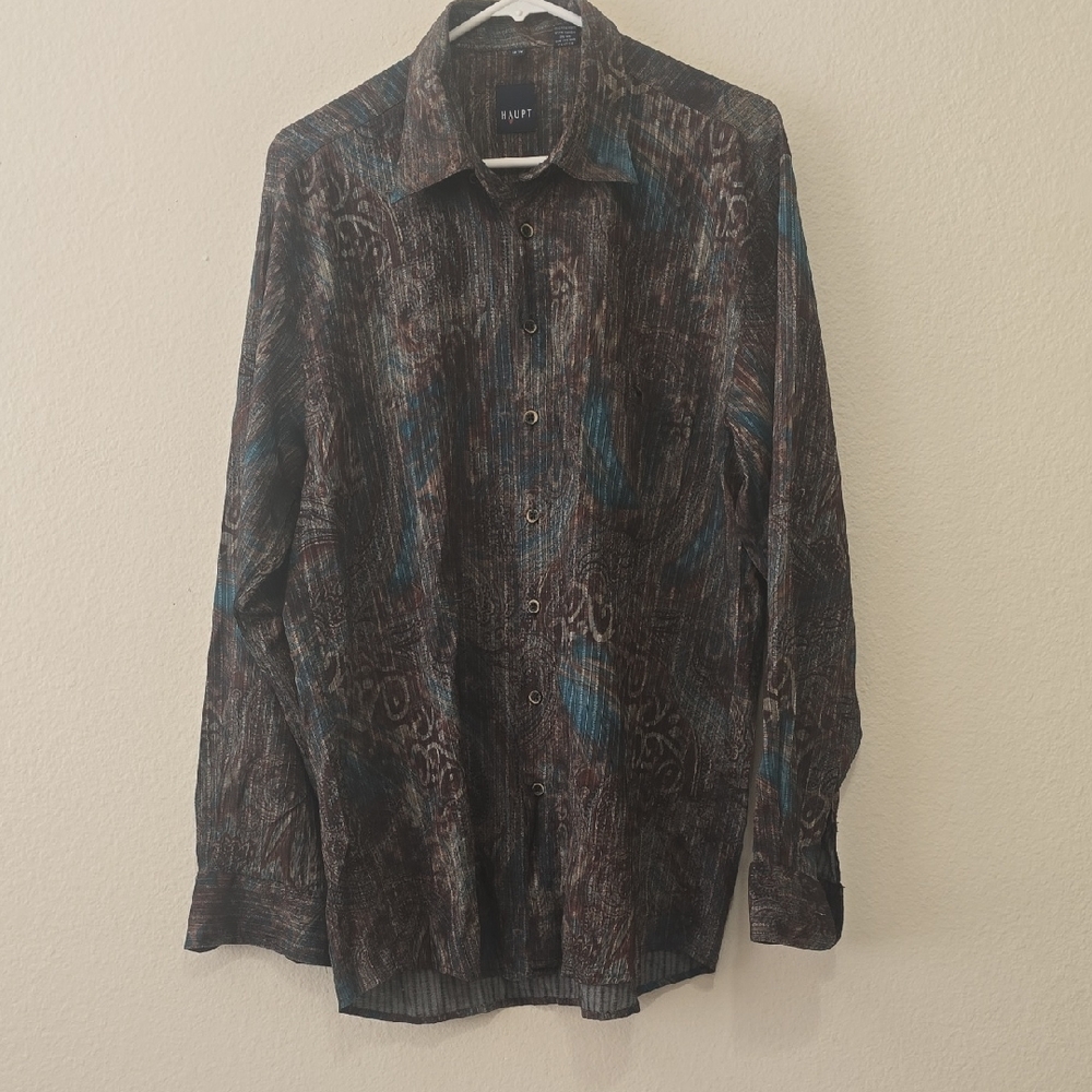 HAUPT Men’s Button-Up‎ Shirt in Black with Teal Accents L 41/42
